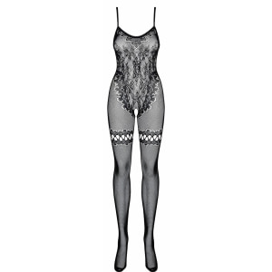 Bodystocking Negru Model Floral Marime S-l Catsuit Transparent Elastic Din Nylon Spandex