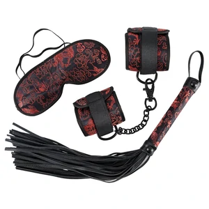 Set Bondage Negru Cu Model Tesut Rosu Set Bondage 3 Piese Catuse Blindfold Bici